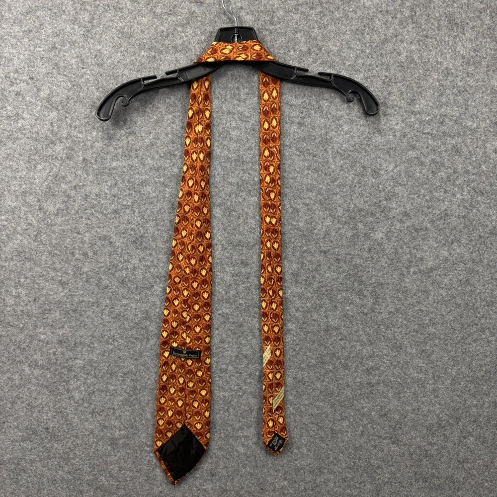 Ermenegildo‎ Zegna Mens Silk Tie Orange Gold Floral Geometric Made in Italy